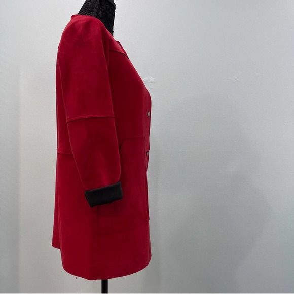 Red Faux Suede Stretch Snap Close Coat Collarless Jacket Pockets Travel - Picture 4 of 16